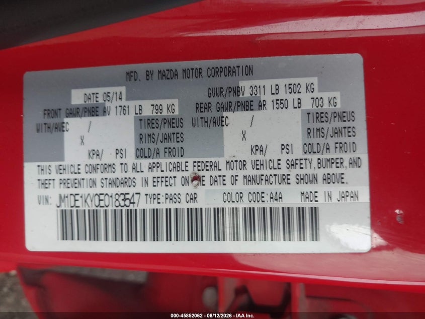 MAZDA MAZDA2 2014 VIN JM1DE1KY0E0183547