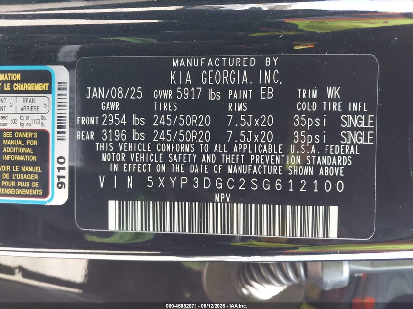 KIA TELLURIDE 2025 VIN 5XYP3DGC2SG612100