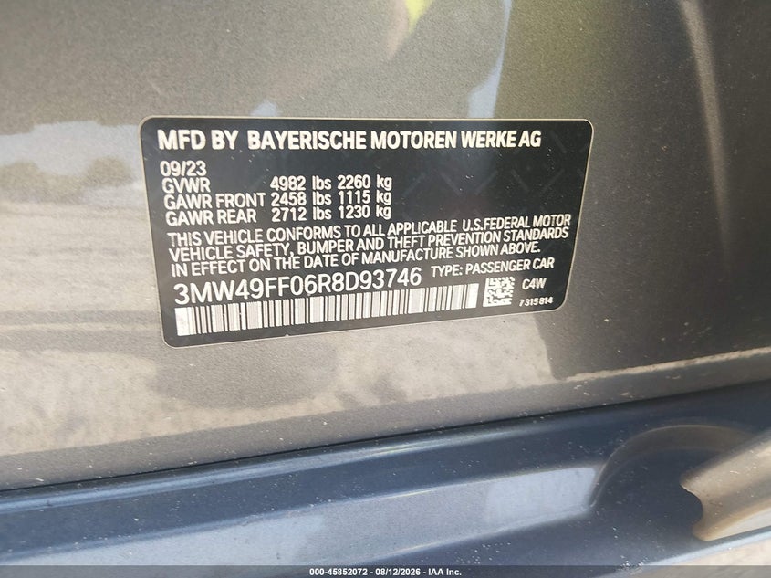 BMW M340I 2024 VIN 3MW49FF06R8D93746