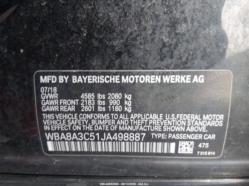 BMW 320I 2018 VIN WBA8A3C51JA498887