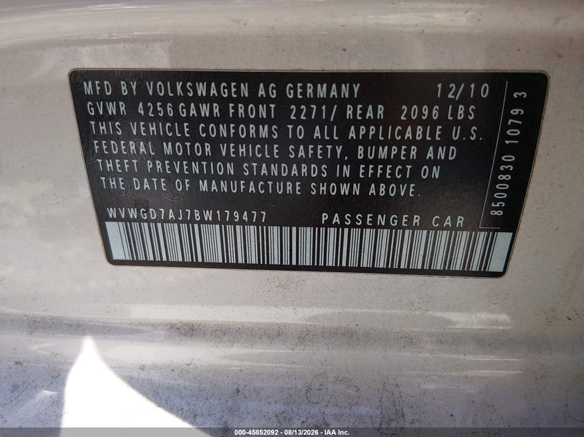 VOLKSWAGEN GTI 2011 VIN WVWGD7AJ7BW179477