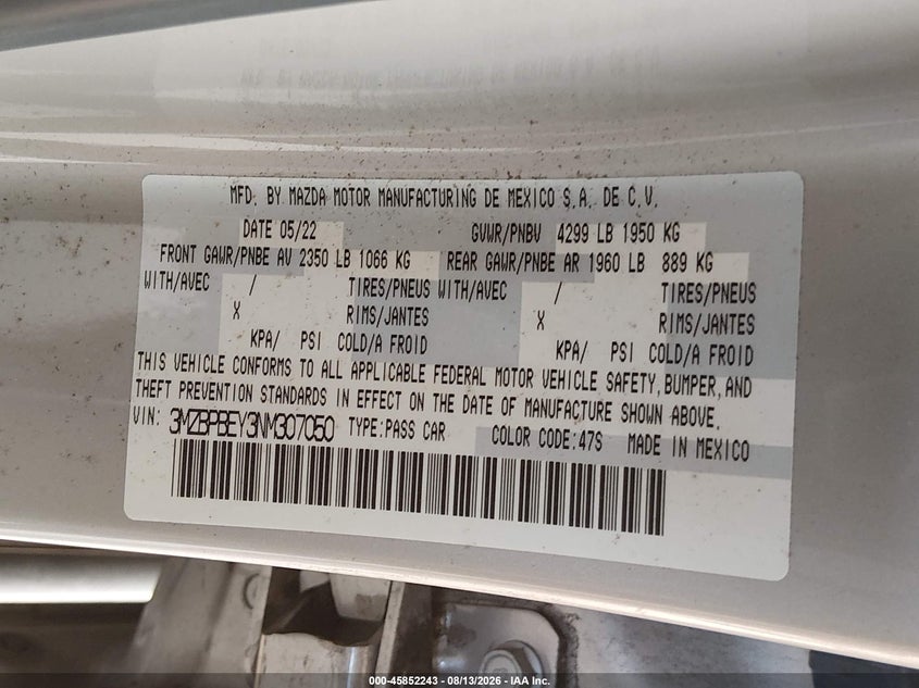 MAZDA MAZDA3 2022 VIN 3MZBPBEY3NM307050