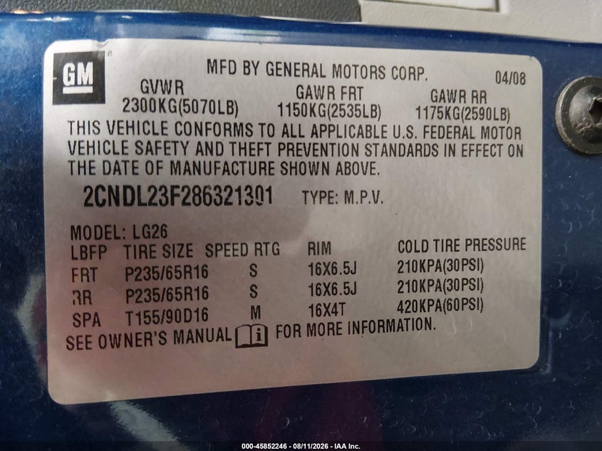 2008 CHEVROLET EQUINOX SPORT UTILITY VEHICLE 3.4L V-6 185HP