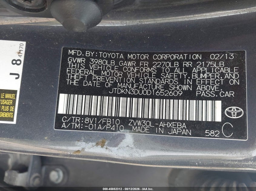 TOYOTA PRIUS 2013 VIN JTDKN3DU0D1652609