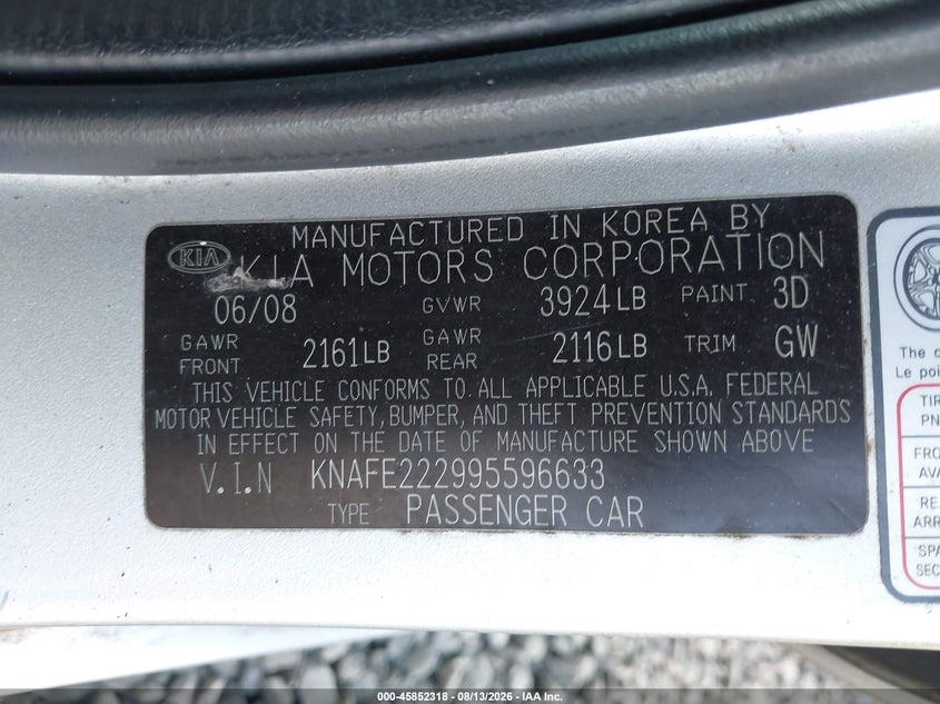 KIA SPECTRA 2009 VIN KNAFE222995596633
