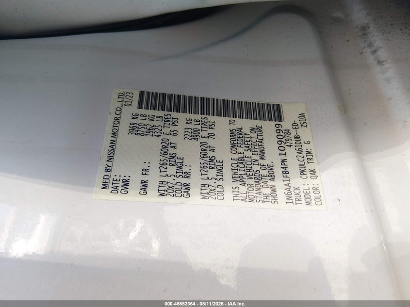 NISSAN TITAN XD 2023 VIN 1N6AA1FB4PN109099
