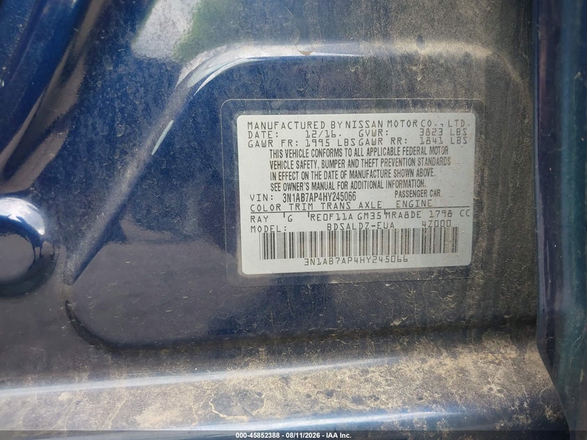 NISSAN SENTRA 2017 VIN 3N1AB7AP4HY245066