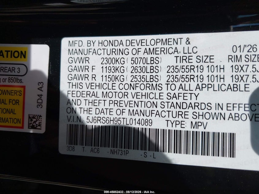HONDA CR-V HYBRID 2026 VIN 5J6RS6H95TL014089
