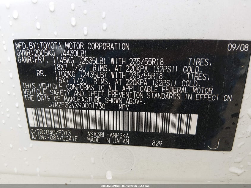 TOYOTA RAV4 2009 VIN JTMZF32VX9D001730