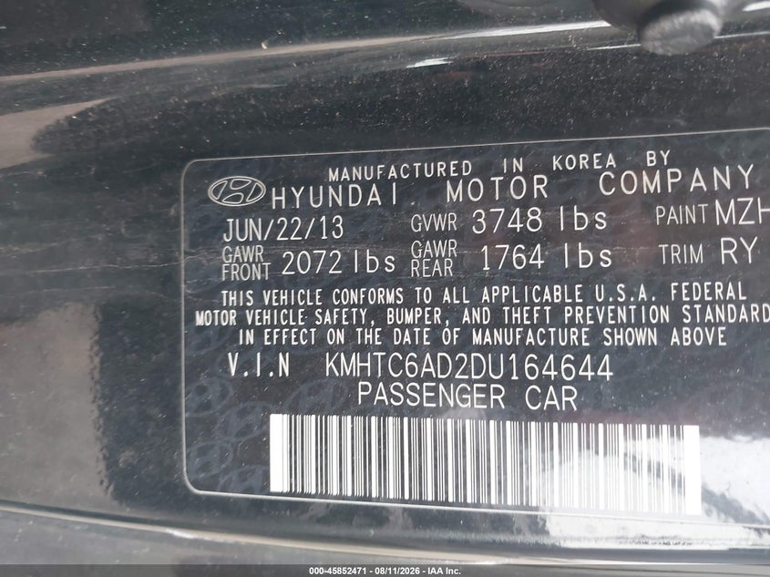 HYUNDAI VELOSTER 2013 VIN KMHTC6AD2DU164644