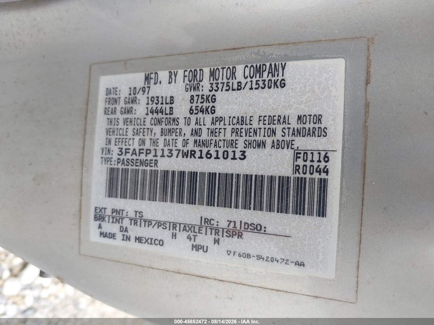 FORD ESCORT 1998 VIN 3FAFP1137WR161013