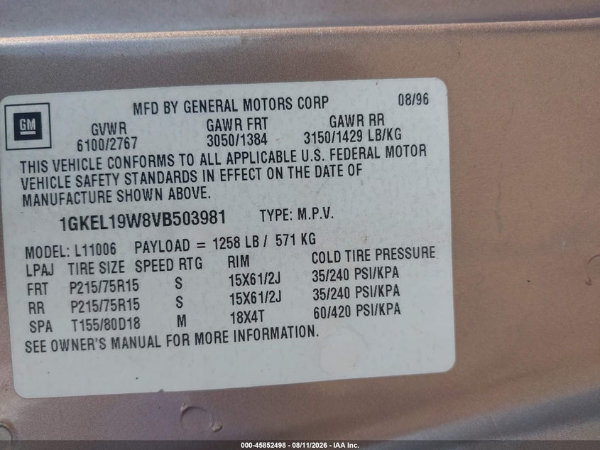 GMC SAFARI PASSENGER 1997 VIN 1GKEL19W8VB503981