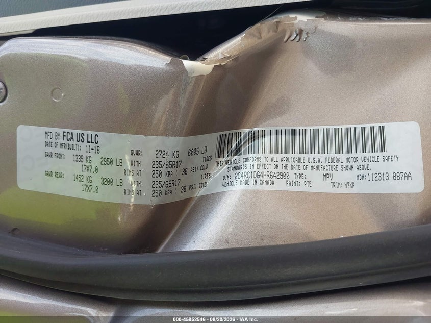 CHRYSLER PACIFICA 2017 VIN 2C4RC1DG4HR642900