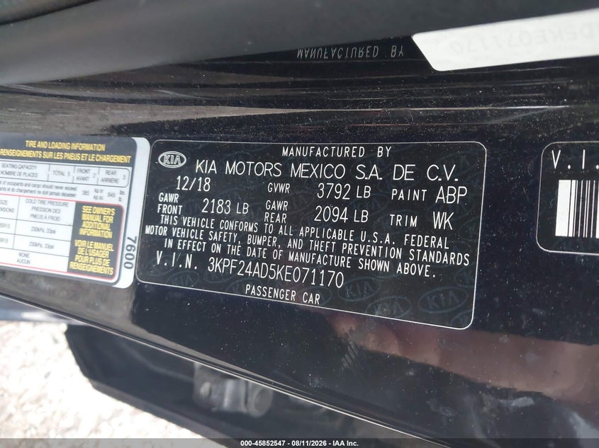 KIA FORTE 2019 VIN 3KPF24AD5KE071170
