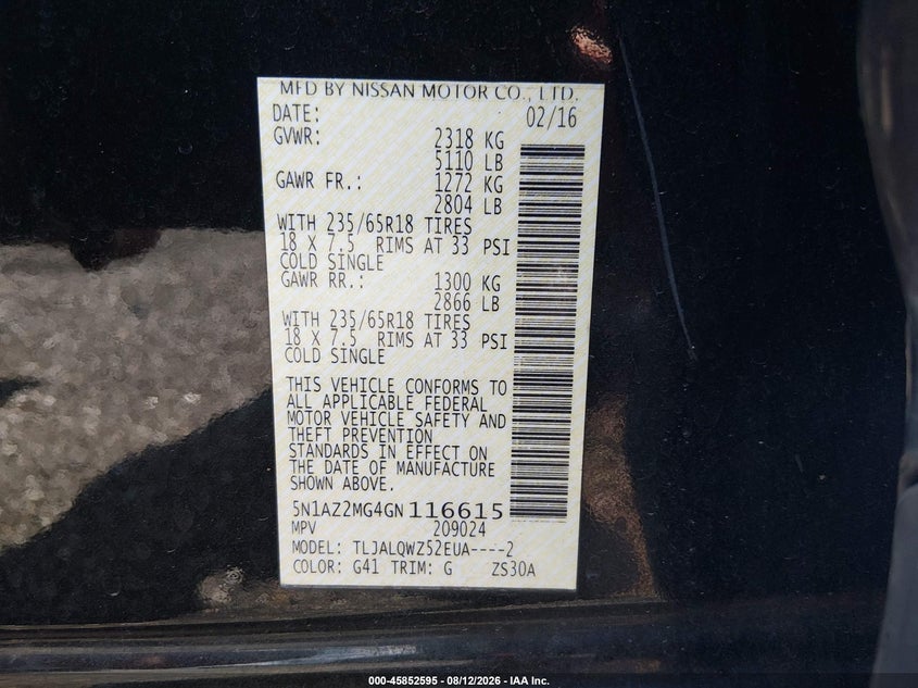 NISSAN MURANO 2016 VIN 5N1AZ2MG4GN116615