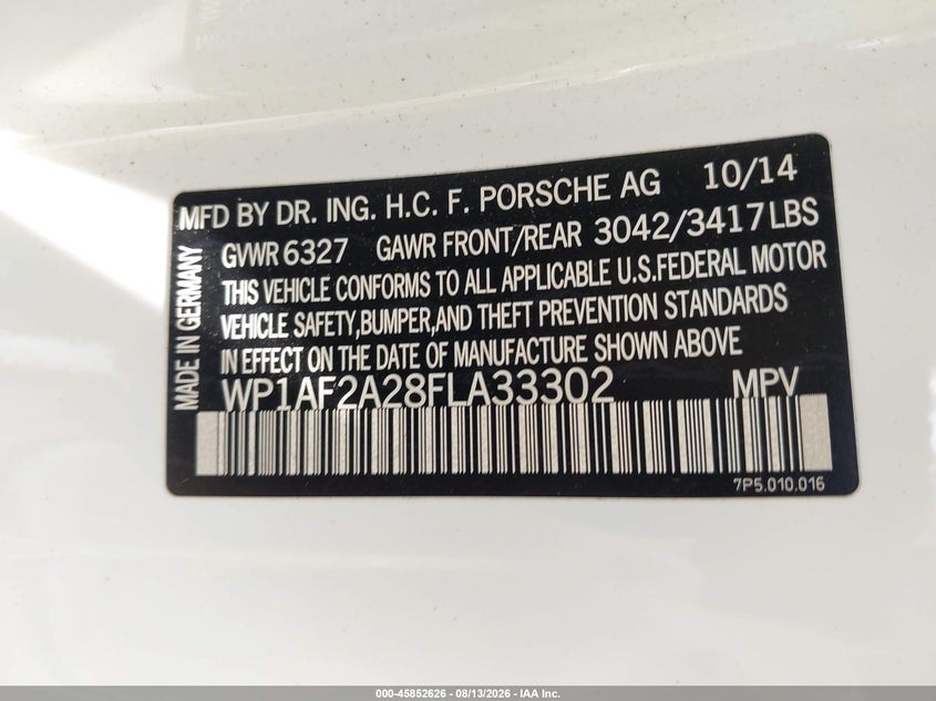 PORSCHE CAYENNE 2015 VIN WP1AF2A28FLA33302