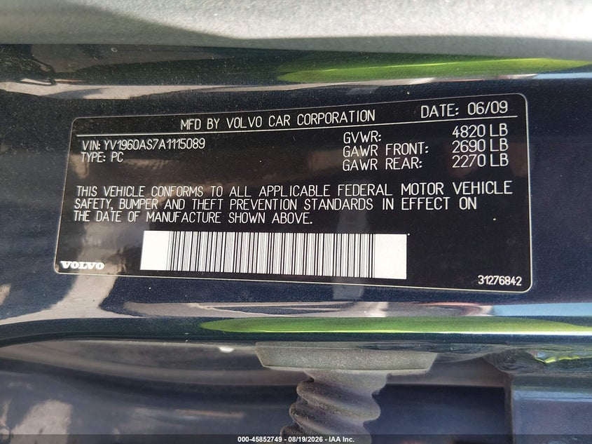 2010 VOLVO S80 SEDAN 3.2L I-6 DOHC, VVT, 235HP