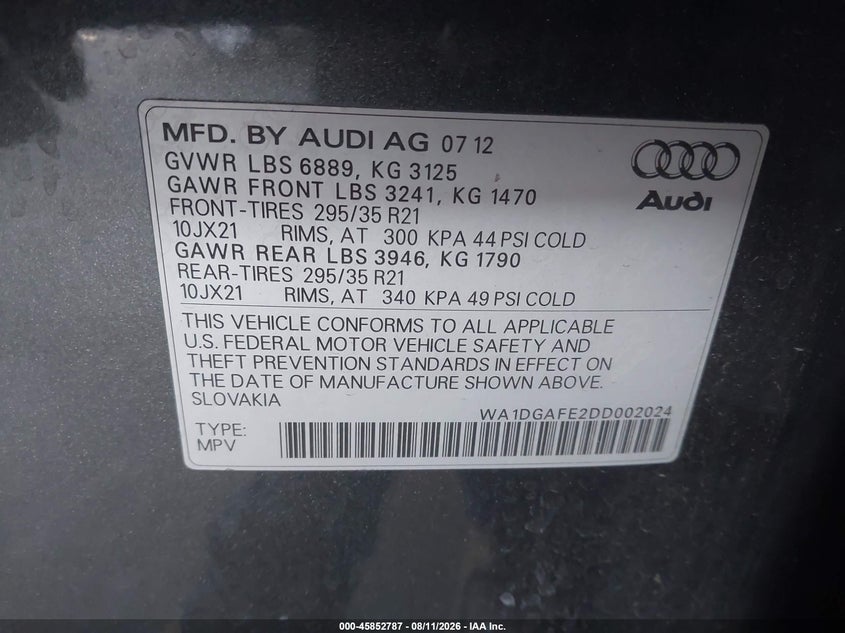 AUDI Q7 2013 VIN WA1DGAFE2DD002024