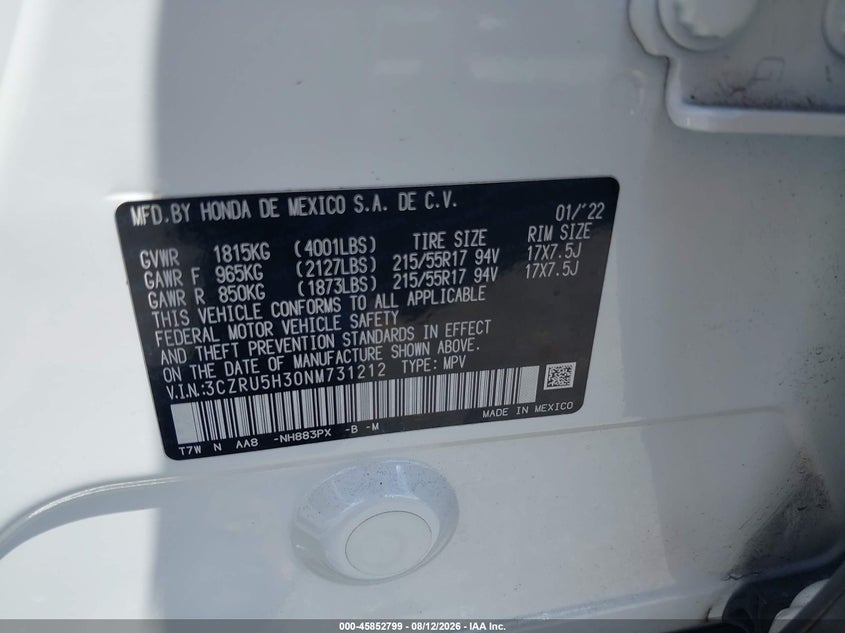 HONDA HR-V 2022 VIN 3CZRU5H30NM731212
