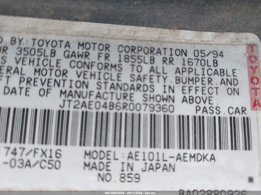 1994 TOYOTA COROLLA SEDAN 1.6L I4 FI F