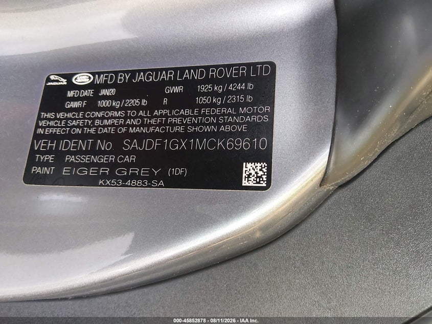 JAGUAR F-TYPE 2021 VIN SAJDF1GX1MCK69610