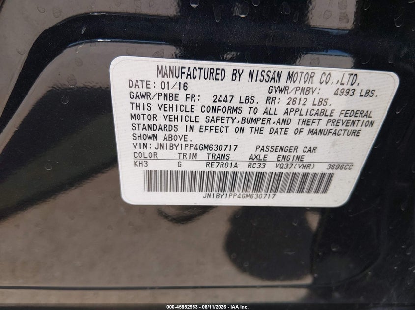 INFINITI Q70L 2016 VIN JN1BY1PP4GM630717