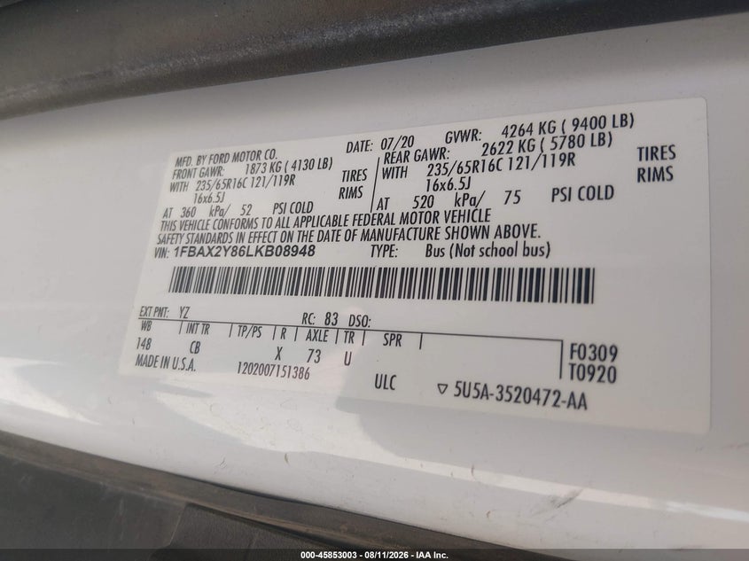 2020 FORD TRANSIT WAGON 3.5L V-6 DI, DOHC, VVT, 275HP