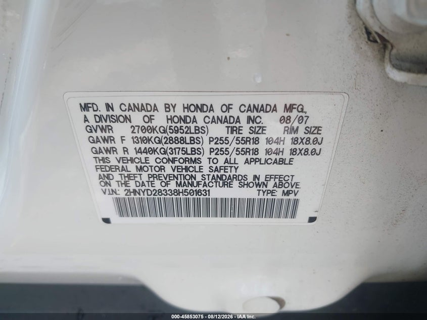 ACURA MDX 2008 VIN 2HNYD28338H501631