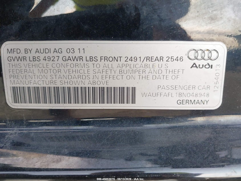 AUDI A4 2011 VIN WAUFFAFL1BN048948