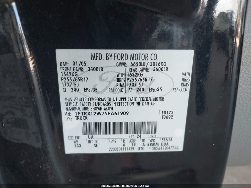 FORD F-150 2005 VIN 1FTRX12W75FA61909