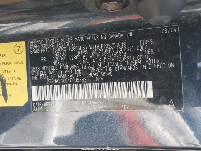 LEXUS RX 330 2004 VIN 2T2HA31U04C035762