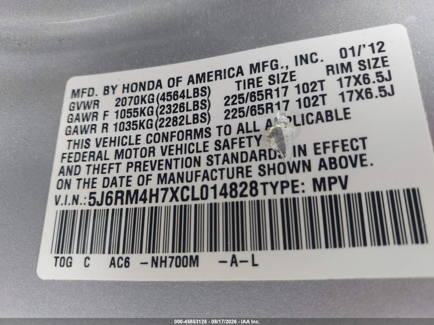 2012 HONDA CR-V SPORT UTILITY VEHICLE 2.4L I-4 DOHC, VVT, 185HP