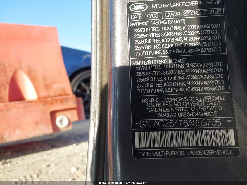 LAND-ROVER LR3 2006 VIN SALAG25476A363706