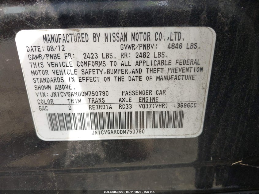 INFINITI G37X 2013 VIN JN1CV6AR0DM750790
