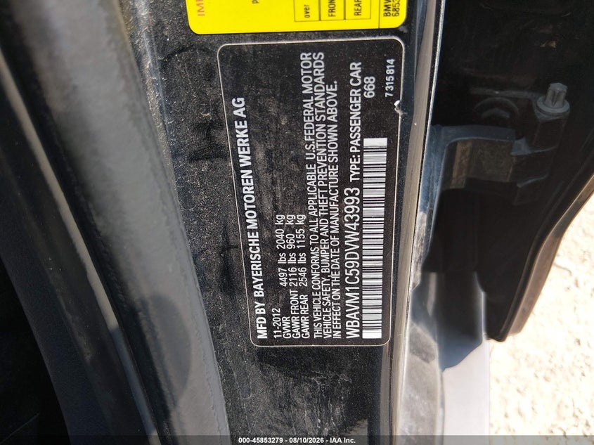 BMW X1 2013 VIN WBAVM1C59DVW43993