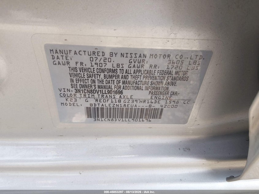 NISSAN VERSA 2020 VIN 3N1CN8DV1LL901696
