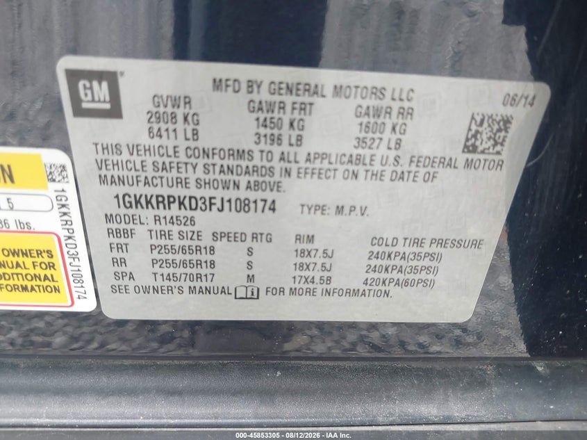 GMC ACADIA 2015 VIN 1GKKRPKD3FJ108174