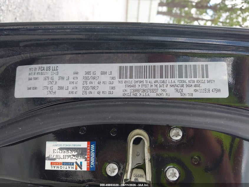 RAM 1500 CLASSIC 2019 VIN 1C6RR6FG8KS733237