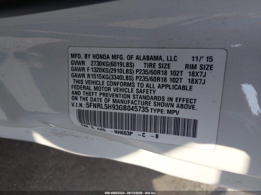 HONDA ODYSSEY 2016 VIN 5FNRL5H93GB045735