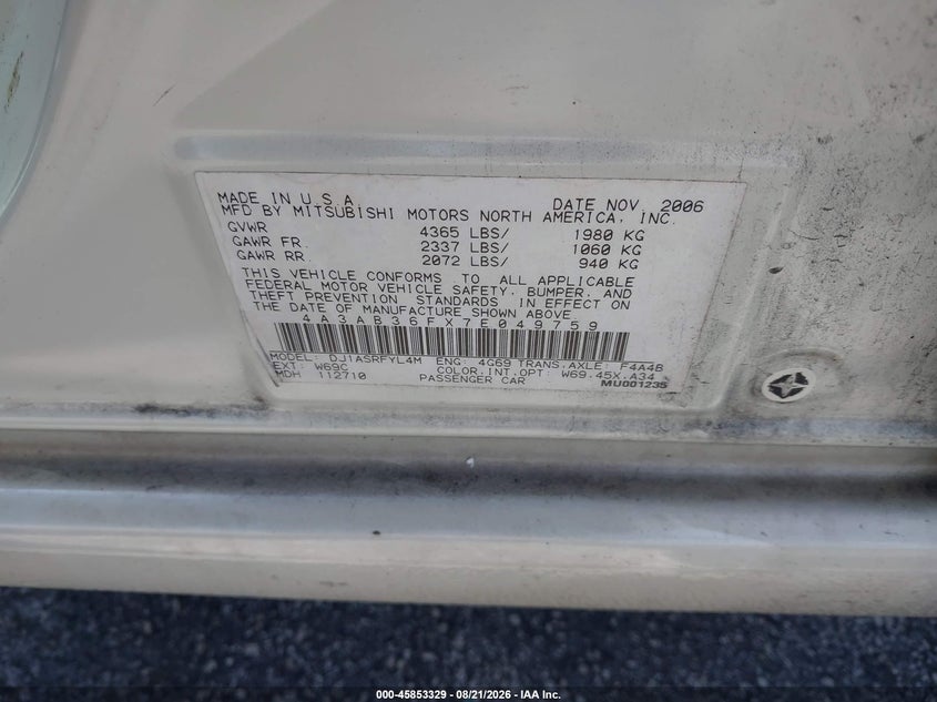 MITSUBISHI GALANT 2007 VIN 4A3AB36FX7E049759