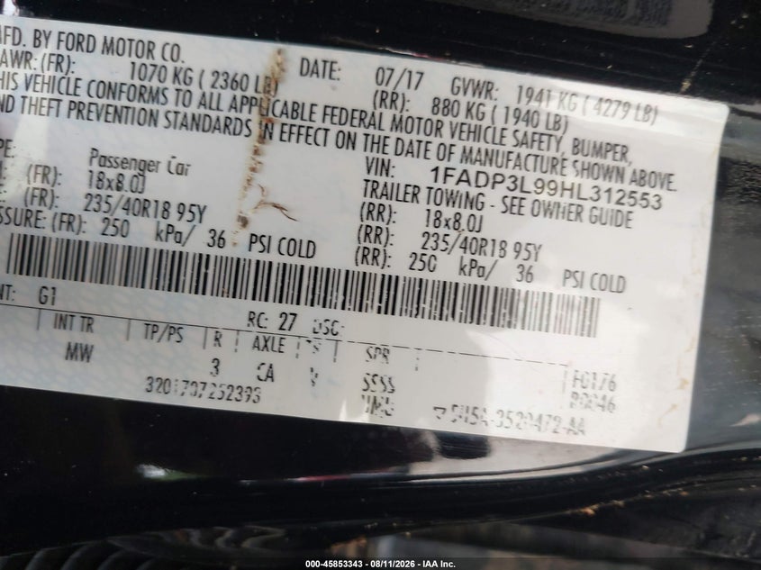 FORD FOCUS ST 2017 VIN 1FADP3L99HL312553