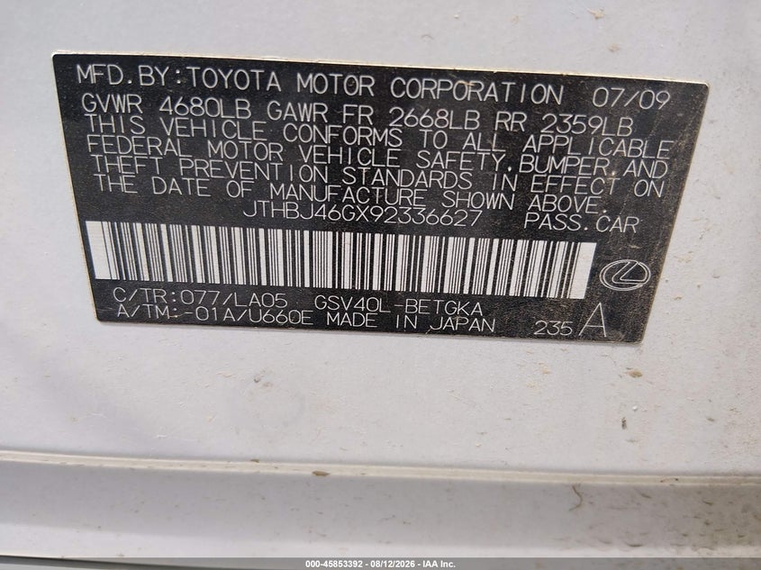 LEXUS ES 350 2009 VIN JTHBJ46GX92336627