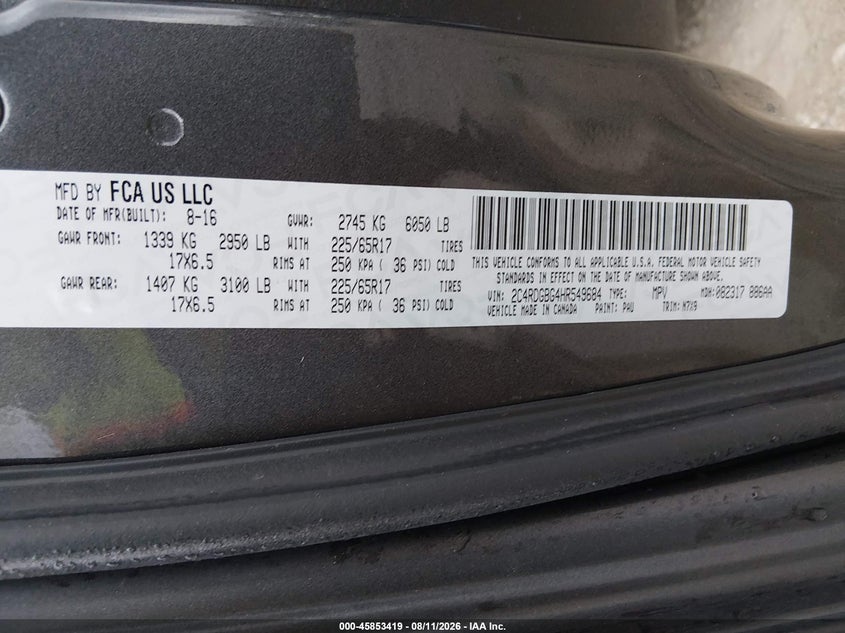 DODGE GRAND CARAVAN 2017 VIN 2C4RDGBG4HR549684