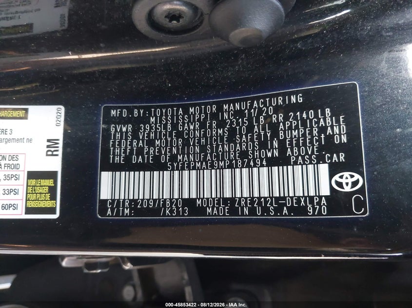 2021 TOYOTA COROLLA SEDAN 1.8L I-4 DOHC, VVT, 139HP