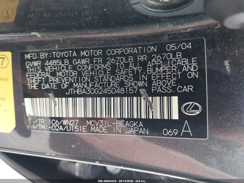 LEXUS ES 330 2004 VIN JTHBA30G245048157