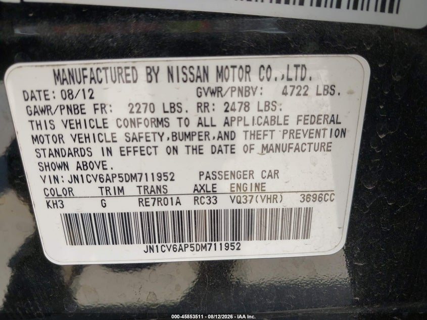 INFINITI G37 2013 VIN JN1CV6AP5DM711952