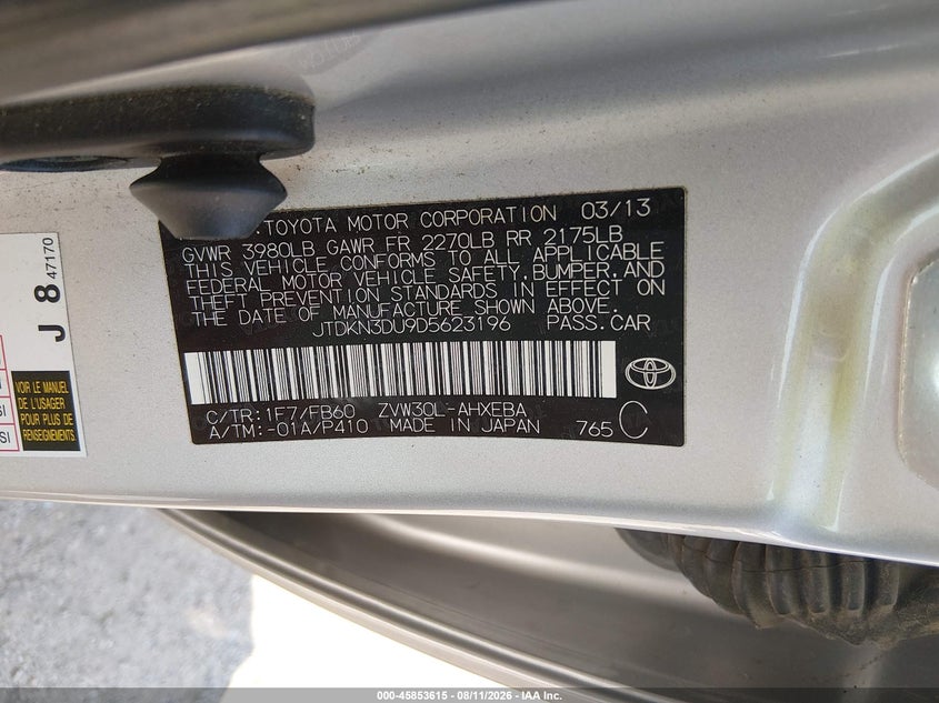 TOYOTA PRIUS 2013 VIN JTDKN3DU9D5623196