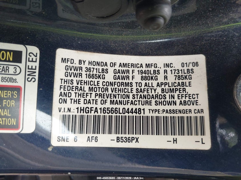 2006 HONDA CIVIC SEDAN 1.8L I-4 VVT, 140HP