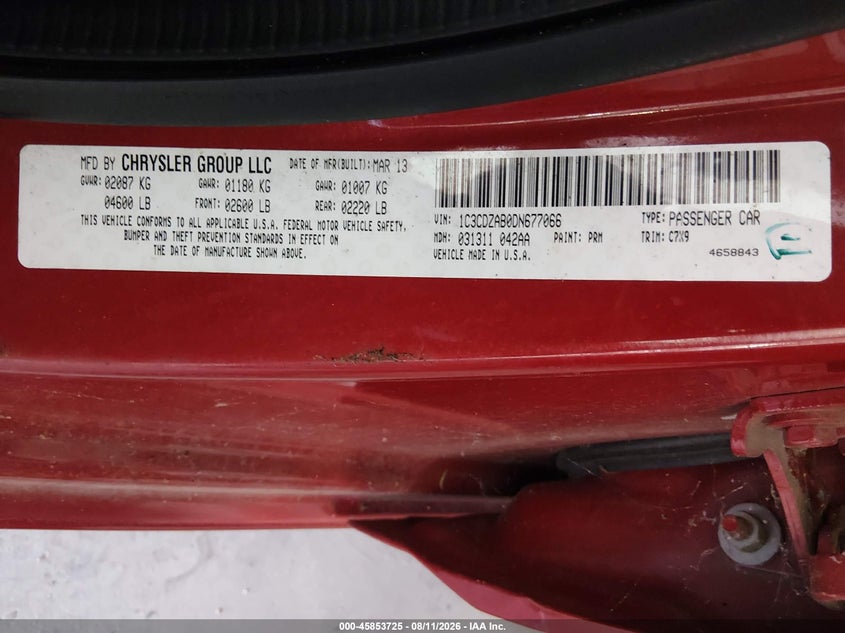 DODGE AVENGER 2013 VIN 1C3CDZAB0DN677066