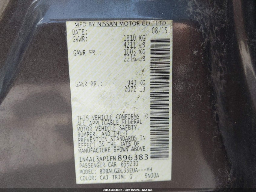 2015 NISSAN ALTIMA SEDAN 2.5L I-4 DOHC, VVT, 182HP